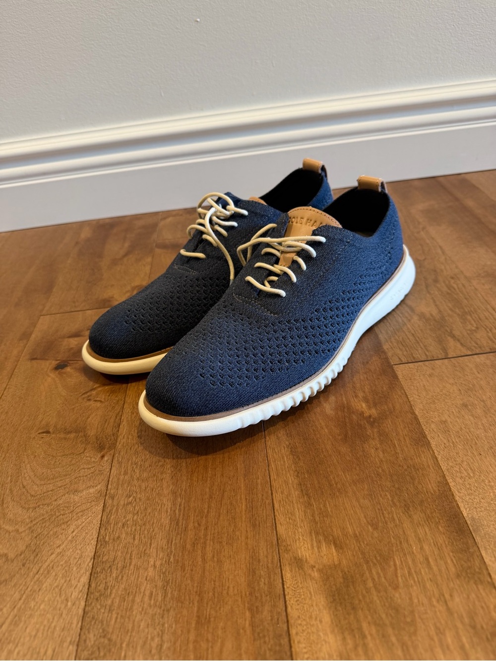 Cole Haan Navy Knit Sneakers with White Sole and Tan Accents